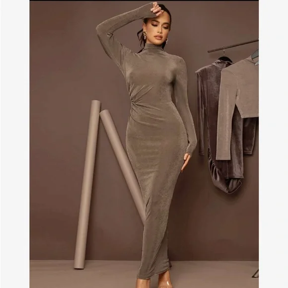 Sexy Ruched High Neck Long Sleeve Solid Fitted Bodycon Dress | Color: Tan | Size: 4 | Dolldoll7800's Closet